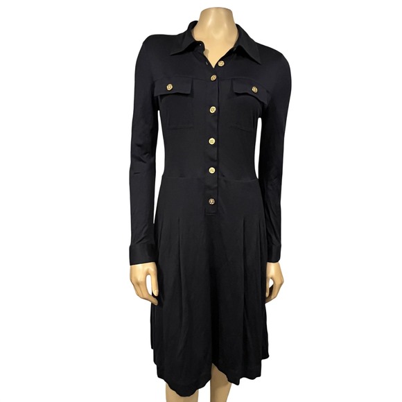 Tory Burch Dresses & Skirts - Tory Burch Navy Jersey Long Sleeve Shirt Dress Gold Logo Button Belted Preppy M